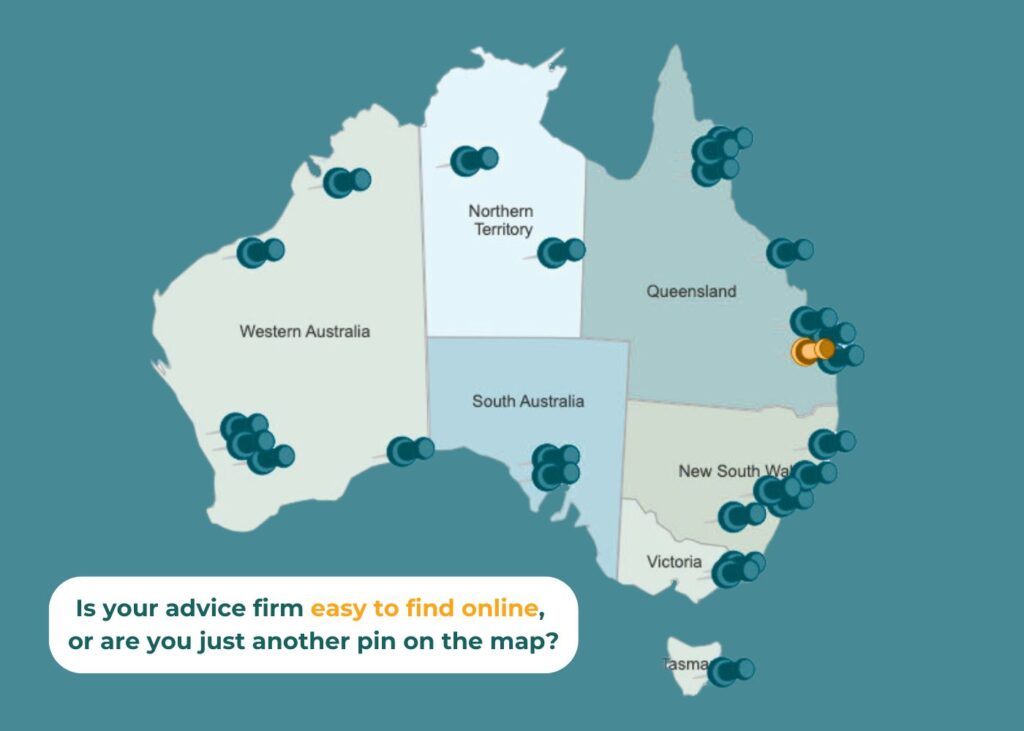 Map of Australia with location pins to indicate financial advisers where one is a unique colour to show how SEO can make your website stand out