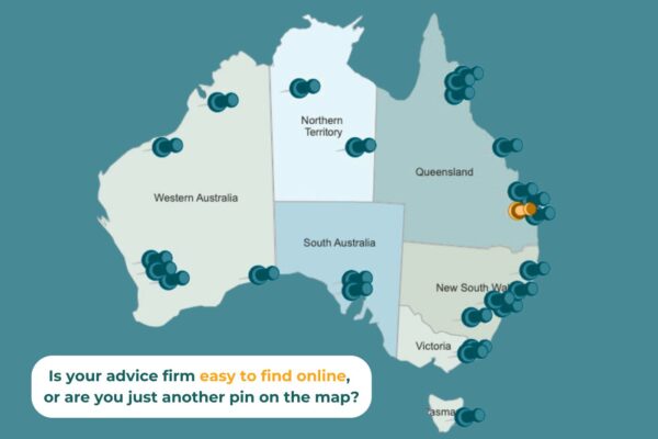 Map of Australia with location pins to indicate financial advisers where one is a unique colour to show how SEO can make your website stand out