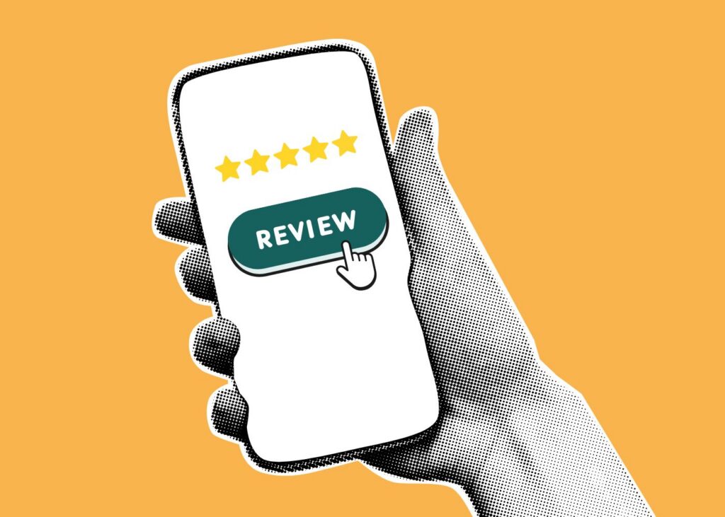 Cartoon style graphic of mobile phone in hand with Google Review button and orange background relevant to financial advisers